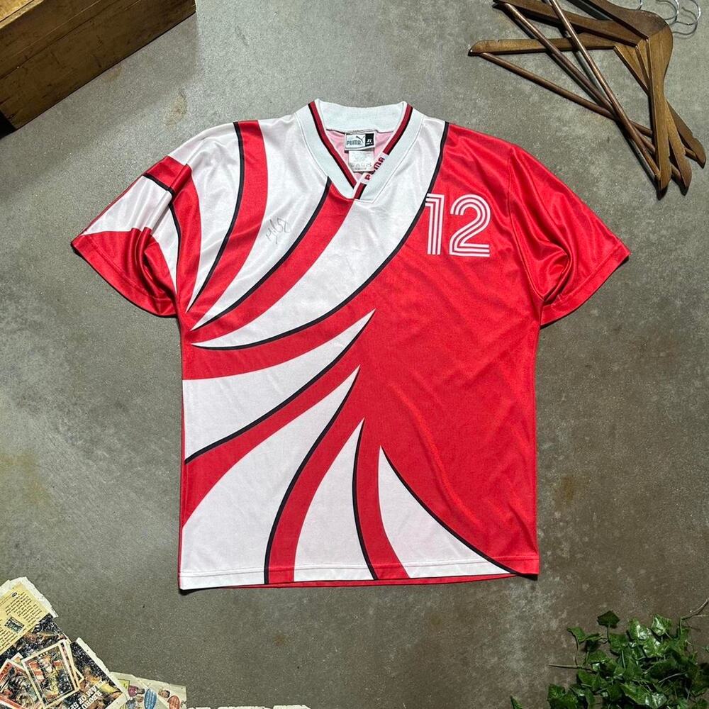 Vintage 90s Puma Spiral Soccer Jersey Red White Colorblock Tee Shirt Mens XL